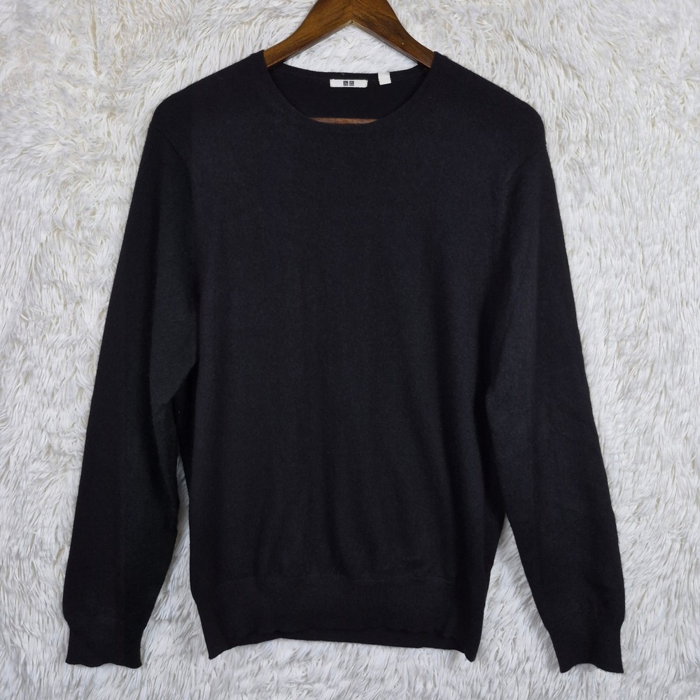 Uniqlo 100% Cashmere Crew Neck Sweater Mens Medium Black Long Sleeve Preppy